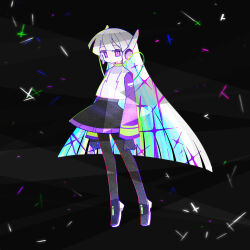 Rule 34 | 1girl, absurdres, aiobahn, album cover, android, black background, black gloves, blunt bangs, circle skirt, closed mouth, commentary request, cover, expressionless, full body, gloves, grey hair, highres, long hair, long sleeves, odayaka, pale skin, purple eyes, second-party source, shirt, shoes, solo, sparkle, standing, symbol in eye, very long hair, white shirt