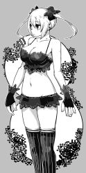 Rule 34 | 1girl, bow, breasts, bright pupils, cleavage, closed mouth, fingerless gloves, fingernails, gloves, greyscale, hair bow, lamb-oic029, large breasts, legs together, miniskirt, monochrome, original, skirt, solo, standing, thighhighs, twintails, white pupils