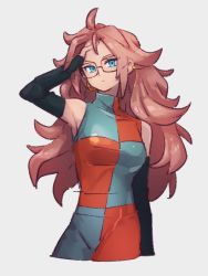 Rule 34 | 1girl, android 21, blue eyes, breasts, checkered clothes, checkered dress, closed mouth, dragon ball, dragon ball fighterz, dress, earrings, glasses, grey background, hoop earrings, jewelry, kemachiku, long hair, looking at viewer, medium breasts, red hair, simple background, solo