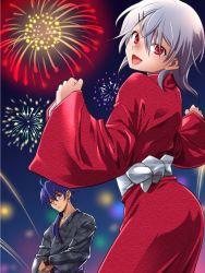 Rule 34 | 2boys, androgynous, bad id, bad nijie id, blue eyes, blue hair, contrapposto, crossed arms, earrings, fireworks, funnyari, hair ornament, hairclip, highres, horinochi yogaru, horita horne, horne (website), japanese clothes, jewelry, kimono, long hair, looking at viewer, looking back, male focus, mascot, multiple boys, night, obi, one eye closed, ponytail, red eyes, sash, silver hair, smile, standing, yukata