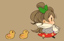 Rule 34 | 1girl, bird, bow, brown hair, chibi, duck, full body, hair bow, jacket, long hair, love live!, love live! school idol project, minami kotori, mota, one side up, scarf, simple background, skirt, solo