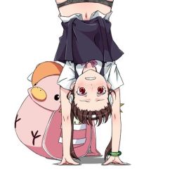 Rule 34 | 10s, 1girl, bag, bakemonogatari, black panties, blush, bracelet, breasts, brown hair, hachikuji mayoi, hair ribbon, hairband, hairline, handstand, jewelry, monogatari (series), nisemonogatari, panties, red eyes, ribbon, school uniform, simple background, small breasts, solo, teeth, touryou, twintails, underwear, upside-down, wavy mouth