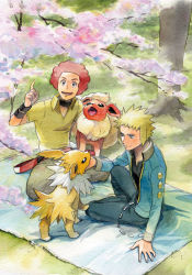Rule 34 | 2boys, afro, blanket, blonde hair, blue jacket, commentary request, creatures (company), day, flareon, flint (pokemon), game freak, gen 1 pokemon, index finger raised, jacket, jolteon, long sleeves, looking up, multiple boys, nintendo, open mouth, outdoors, pants, pokemon, pokemon (creature), pokemon dppt, pokipoki, red hair, shirt, sitting, smile, spiked hair, spring (season), teeth, tongue, tree, volkner (pokemon), yellow shirt
