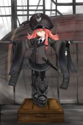 Rule 34 | 1girl, aircraft, airship, arms at sides, ash arms, boots, crate, fence, full body, gloves, green eyes, hair between eyes, hat, long sleeves, looking at viewer, maus (ash arms), medium hair, military, military hat, military uniform, pantyhose, red hair, sheath, sheathed, solo, standing, uniform, weapon