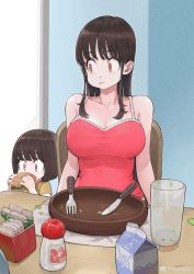 Rule 34 | 2girls, :i, absurdres, after meal, artist name, big sister (navigavi), breasts, brown hair, burger, camisole, chair, cleavage, closed mouth, collarbone, commentary, cup, food, food in mouth, fork, highres, holding, holding food, jun (navigavi), knife, little sister (navigavi), long hair, looking at another, looking to the side, medium breasts, milk carton, multiple girls, napkin, orange eyes, original, red camisole, salad bowl, salt shaker, short hair, siblings, sidelocks, signature, sisters, sitting, sleeveless, straight hair, table, upper body, weibo logo, weibo watermark