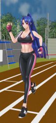 Rule 34 | 1girl, 3d, action taimanin, artist request, blue hair, blush, breasts, curvy, female focus, fingerless gloves, full body, gloves, gym uniform, highres, large breasts, long hair, looking at viewer, looking to the side, mikumikudance (medium), pants, ponytail, red eyes, running, shiny clothes, shiny skin, skin tight, sky, solo, sportswear, sweat, taimanin (series), taimanin asagi, toned, very long hair, wide hips, yatsu murasaki, yoga pants