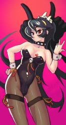 Rule 34 | 1girl, artist request, bare shoulders, black hair, breasts, choker, cleavage, collar, contrapposto, cowboy shot, filia (skullgirls), heart, highres, leotard, long hair, looking at viewer, medium breasts, pantyhose, pink background, playboy bunny, red eyes, skullgirls, solo, spiked collar, spikes, standing, wrist cuffs