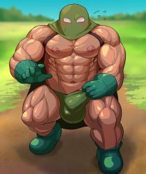 Rule 34 | 1boy, abs, bara, blush, briefs, bulge, chest harness, dark-skinned male, dark skin, dragon quest, erection, erection under clothes, flying sweatdrops, forest, full body, green male underwear, green mask, harness, highres, kandar, large pectorals, male focus, male underwear, male underwear pull, mask, muscular, muscular male, nature, navel, nipples, pectorals, pulled by self, solo, stomach, thick thighs, thighs, topless male, tsukigara rosshi, underwear, veins