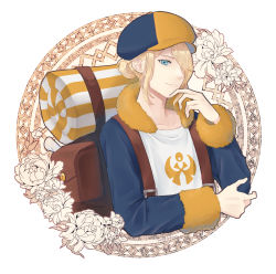 Rule 34 | 1boy, amenboaoina, backpack, bad id, bad pixiv id, bag, blonde hair, blue eyes, blue jumpsuit, border, brown bag, closed mouth, commentary request, creatures (company), flower, fur trim, game freak, hair over one eye, hand up, hat, highres, jumpsuit, long sleeves, male focus, nintendo, pokemon, pokemon legends: arceus, smile, solo, volo (pokemon), white border, yellow hat