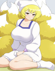 1girl absurdres alternate_costume blonde_hair blue_trim bonobo_(odenokaz) breasts brown_eyes commentary_request crossed_bangs dot_nose dress fox_girl fox_tail grey_background headscarf highres huge_breasts kneeling large_breasts light_blush long_sleeves looking_at_viewer multiple_tails puffy_long_sleeves puffy_sleeves purple_trim seductive_smile short_hair simple_background sitting smile socks solo split_mouth tail touhou wariza white_dress white_headscarf white_socks yakumo_ran