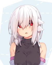 Rule 34 | 1girl, adyisu, albino, altair floone, blush, breasts, commentary request, detached sleeves, hair over eyes, long hair, looking at viewer, medium breasts, open mouth, original, red eyes, shirt, solo, turtleneck, twitter username, upper body, white hair