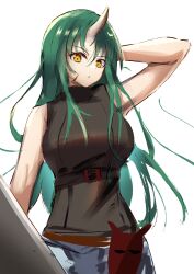 Rule 34 | 1girl, absurdres, arknights, arm behind head, black sweater, blue pants, breasts, commentary, demon horns, green hair, highres, holding, holding shield, horns, hoshiguma (arknights), hoshiguma (ronin huntress) (arknights), large breasts, long hair, looking at viewer, mask, pants, parted lips, riu kawano, shield, simple background, single horn, sketch, sleeveless, sleeveless sweater, solo, sweater, white background, yellow eyes