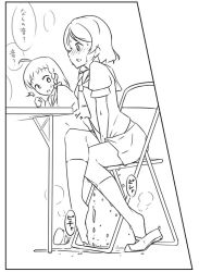 Rule 34 | 2girls, ahoge, azukilib, between legs, blush, bow, bowtie, braid, chair, crossed legs, embarrassed, female focus, full body, hair bow, hand between legs, hand up, have to pee, japanese text, kneehighs, looking at another, love live!, love live! sunshine!!, miniskirt, monochrome, multiple girls, nose blush, open mouth, own hands together, peeing, peeing self, puddle, sailor collar, shirt, shoes, short hair, short sleeves, sideways mouth, single braid, single shoe, sitting, sketch, skirt, socks, solo focus, speech bubble, steam, surprised, sweat, table, takami chika, talking, text focus, translated, trembling, unworn shoe, v arms, watanabe you