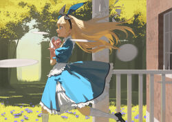 Rule 34 | 1girl, alice (alice in wonderland), alice in wonderland, animal, black footwear, black hairband, blonde hair, blue dress, blue eyes, blue hairband, blue ribbon, commentary, curtains, dappled sunlight, day, dress, english commentary, floating hair, flower, foot out of frame, frilled dress, frills, from side, grass, hair between eyes, hairband, holding, holding animal, house, kneehighs, loafers, long hair, open mouth, outdoors, pig, pinafore dress, puffy short sleeves, puffy sleeves, purple flower, ribbon, running, shoes, short sleeves, sleeveless dress, socks, solo, sunlight, teeth, tree, upper teeth only, wakuseiy, white socks, window