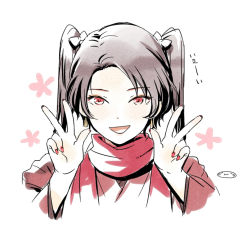 Rule 34 | 10s, 1boy, alternate costume, alternate hairstyle, brown hair, double v, girly boy, japanese clothes, kashuu kiyomitsu, looking at viewer, male focus, mizuhara aki, nail polish, portrait, red eyes, red nails, red scarf, scarf, solo, touken ranbu, twintails, upper body, v, white background