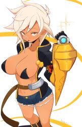 Rule 34 | 1girl, artist name, black gloves, blazblue, blue shorts, breasts, bullet (blazblue), cleavage, dark-skinned female, dark skin, denim, denim shorts, gloves, highres, jellcaps, large breasts, looking at viewer, open mouth, orange eyes, scar, scar on face, scar on nose, short hair, short shorts, shorts, solo, tomboy, white background, white hair