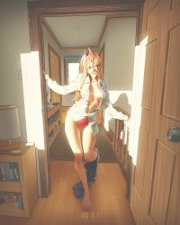 Rule 34 | 1girl, absurdres, barefoot, blonde hair, breasts, cameltoe, carpet, chainsaw man, cleavage, cross-shaped pupils, demon horns, door, doorway, highres, horns, lamp, looking at viewer, medium breasts, no bra, no pants, open clothes, open door, open shirt, panties, pants around one leg, partially unbuttoned, pink panties, power (chainsaw man), sei few, sharp teeth, smile, solo, standing, sunlight, symbol-shaped pupils, teeth, thigh gap, toes, unbuttoned, unbuttoned shirt, underwear, undressing