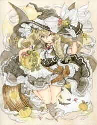 Rule 34 | 1girl, :d, absurdres, apron, black dress, blonde hair, bow, broom, broom riding, cape, center frills, commentary request, dress, fly agaric, food, frills, full body, ghost, gloves, grey cape, grey footwear, hair between eyes, hand on headwear, hat, hat bow, highres, holding, holding food, holding pumpkin, holding vegetable, jack-o&#039;-lantern, jack-o&#039;-lantern hat ornament, kirisame marisa, kisarush, lantern, long hair, looking at viewer, mary janes, moon, mushroom, open mouth, pouch, puffy short sleeves, puffy sleeves, pumpkin, red ribbon, ribbon, shirt, shoes, short sleeves, smile, socks, solo, touhou, traditional media, vegetable, vial, watermark, white apron, white bow, white gloves, white shirt, white socks, witch hat, yellow eyes