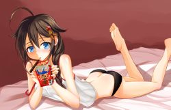 Rule 34 | 10s, 1girl, ahoge, ass, bad id, bad pixiv id, bare shoulders, barefoot, bed, black hair, black panties, blue eyes, blush, braid, butt crack, camisole, feet, flipped hair, food, food in mouth, from side, fubuki (kancolle), hair between eyes, hair flaps, hair ornament, hair over shoulder, hair ribbon, highres, holding, indoors, kantai collection, kuroten, legs up, long hair, looking at viewer, lying, mouth hold, no pants, on bed, on stomach, panties, parted bangs, pocky, pocky kiss, remodel (kantai collection), ribbon, shared food, shigure (kancolle), sidelocks, single braid, soles, solo, strap slip, taut clothes, the pose, underwear