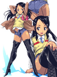 Rule 34 | 1girl, backpack, bag, black hair, boots, brown eyes, cross-laced footwear, crotch seam, cutoffs, denim, denim shorts, fishnet pantyhose, fishnets, hair ornament, hairclip, high heel boots, high heels, jacket, kamisimo 90, lace-up boots, long hair, open fly, original, pantyhose, pantyhose under shorts, randoseru, short shorts, shorts, sitting, smile, sweater vest, tanned girl (kamisimo 90), thigh boots, thighhighs, unbuttoned