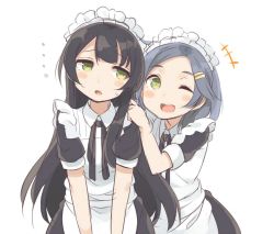 Rule 34 | ..., 10s, 2girls, ;d, agano (kancolle), alternate costume, apron, bad id, bad twitter id, black hair, blush stickers, enmaided, green eyes, grey hair, hair ornament, hairclip, hand on another&#039;s shoulder, kantai collection, kuroshio (kancolle), long hair, looking at viewer, looking away, maid, maid apron, maid headdress, multiple girls, one eye closed, open mouth, short hair, short sleeves, simple background, smile, standing, totoki86, v arms, white background, wink