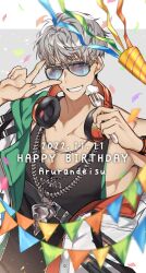 Rule 34 | 1boy, aged down, arurandeisu, black tank top, chain necklace, character name, confetti, cream, cream on face, dated, food, food on face, fork, grey background, grey eyes, grey hair, grin, happy birthday, headphones, headphones around neck, highres, hikariemochi, holding, holding fork, holostars, jacket, jewelry, looking at viewer, male focus, necklace, off shoulder, one eye closed, party popper, pendant, short hair, smile, solo, string of flags, sunglasses, tank top, toned, toned male, upper body, v over eye, virtual youtuber, watch, white jacket, wristwatch