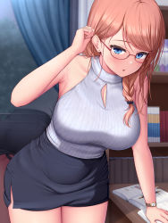 Rule 34 | 1girl, bare arms, bare shoulders, black skirt, blue eyes, blush, book, bookshelf, braid, breasts, brown hair, cleavage, cleavage cutout, clothing cutout, curtains, ear piercing, glasses, highres, large breasts, long hair, looking at viewer, melopun, original, parted lips, piercing, skirt, thighs, watch