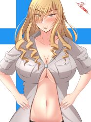 Rule 34 | 1girl, blonde hair, blue eyes, breasts, cleavage, drill hair, hair over one eye, hands on own hips, highres, large breasts, looking at viewer, navel, oriana thomason, smile, solo, toaru majutsu no index, unbuttoned, underboob