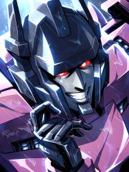 Rule 34 | head tilt, highres, leaning forward, lina rojas, looking at viewer, mecha, misfire (transformers), parted lips, portrait, rain, red eyes, robot, science fiction, smile, solo, the transformers (idw), transformers