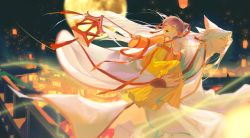 Rule 34 | 1boy, 1girl, absurdres, aged down, animal ears, arm support, chinese clothes, floating, fox boy, fox ears, full moon, hanfu, highres, holding, holding lantern, lantern, light and night love, long hair, long sleeves, mid-autumn festival, moon, night, night sky, outdoors, paper lantern, protagonist (light and night love), qi sili, silk, sitting, sitting on person, sky, tishi85401, white hair