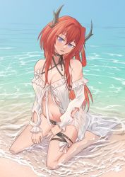 Rule 34 | 1girl, absurdres, arknights, bare shoulders, beach, bikini, breasts, cleavage, day, dryegen, female focus, frilled bikini, frills, front-tie bikini top, front-tie top, hair intakes, highres, horns, kneeling on liquid, large breasts, long hair, looking at viewer, navel, ocean, outdoors, partially submerged, red hair, solo, stomach, surtr (arknights), surtr (colorful wonderland) (arknights), swimsuit, water, wet, white bikini