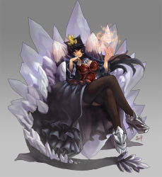 Rule 34 | 1girl, bigfatycat, black hair, black thighhighs, breasts, cleavage, crystal, dress, godzilla (series), grey background, high heels, long hair, personification, smile, solo, spacegodzilla, tail, thighhighs, yellow eyes