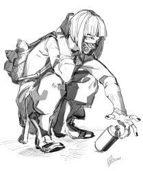 Rule 34 | 1girl, backpack, bag, bob cut, gloves, greyscale, hatching, highres, k yushiki, looking at viewer, monochrome, original, picking up, short hair, signature, simple background, sketch, solo, spray can, squatting, white background