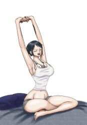 Rule 34 | 1girl, arm tattoo, black hair, breast tattoo, breasts, canon genderswap, cleavage, closed eyes, full body, genderswap, genderswap (mtf), hand tattoo, highres, indoors, large breasts, midriff, namnam op, navel, one piece, open mouth, outstretched arms, short hair, short shorts, shorts, solo, stretching, tattoo, trafalgar law, waking up, yawning