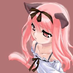 Rule 34 | animal ears, cat ears, cat tail, collarbone, eyebrows, long hair, lowres, pink eyes, pink hair, simple background, solo, tail