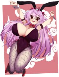 Rule 34 | 1girl, animal ears, armpits, blush, breasts, commission, fishnet thighhighs, fishnets, hair ornament, highres, large breasts, leotard, long hair, open mouth, playboy bunny, pocchari, purple hair, rabbit ears, red eyes, sengoku bushouki muramasa, simple background, skeb commission, solo, thighhighs, toudou takatora (sengoku bushouki muramasa)
