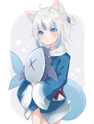 1girl :o absurdres alternate_hair_length alternate_hairstyle animal_ear_fluff animal_ears blue_hair blue_hoodie blunt_bangs blush cat_ears cowboy_shot fins fish_tail gawr_gura gawr_gura_(1st_costume) grey_hair hair_ornament highres hololive hololive_english hood hood_down hoodie long_sleeves looking_at_viewer multicolored_hair nekopurin_(nyanko_prin) no_pants parted_lips shark_girl shark_hair_ornament shark_tail sharp_teeth short_hair sleeves_past_wrists solo streaked_hair stuffed_animal stuffed_shark stuffed_toy tail teeth two_side_up virtual_youtuber wide_sleeves