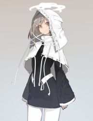 Rule 34 | asymmetrical hair, balance (superdust), black dress, brown eyes, brown hair, capelet, cross-laced clothes, dress, gradient background, habit, halo, highres, original, short hair, solo, white capelet, white headwear, wide sleeves