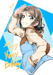 Rule 34 | 10s, 1girl, absurdres, blue eyes, coat, cropped torso, dated, elbow pads, fur trim, grey hair, grin, hand in pocket, happy birthday, highres, looking back, love live!, love live! school idol festival, love live! sunshine!!, ponytail, salute, scrunchie, short hair, smile, solo, takuwanko, upper body, vest, watanabe you