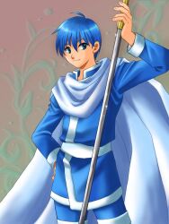 Rule 34 | 1boy, blue coat, blue eyes, blue hair, cape, coat, commentary request, finn (fire emblem), fire emblem, fire emblem: genealogy of the holy war, fire emblem: thracia 776, hand on own hip, holding, holding polearm, holding weapon, looking at viewer, male focus, nintendo, okumi, polearm, smile, solo, spear, standing, weapon, white cape