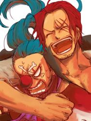 Rule 34 | 2boys, blue hair, buggy the clown, disembodied hand, dismembered, facial mark, male focus, mochika, multiple boys, one piece, red hair, scar, shanks (one piece)