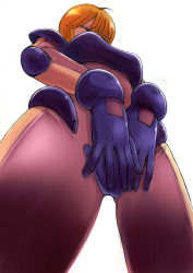 Rule 34 | 1girl, ahoge, armor, blue eyes, breastplate, covering privates, covering crotch, crotch plate, elbow pads, from below, gacha-m, gloves, gundam, gundam zz, highres, normal suit, orange hair, original, pilot suit, puru four, short hair, shoulder armor, sweat, white background