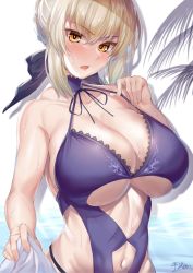 Rule 34 | 1girl, alternate breast size, artoria pendragon (all), artoria pendragon (alter swimsuit rider) (fate), artoria pendragon (alter swimsuit rider) (third ascension) (fate), artoria pendragon (fate), bare shoulders, blonde hair, blush, braid, breasts, choker, cleavage, clothing cutout, fate/grand order, fate (series), hair ribbon, highres, hirasawa seiji, large breasts, long hair, looking at viewer, navel cutout, one-piece swimsuit, open mouth, pov, purple choker, purple one-piece swimsuit, purple ribbon, ribbon, saber alter, shirt grab, signature, solo, swimsuit, toned, tsurime, yellow eyes