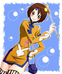 Rule 34 | 1girl, bad id, bad pixiv id, bag, blue background, blush, brown eyes, brown hair, bubble, hand on own hip, handbag, highres, hip focus, norma beatty, sen (novice), short hair, skirt, smile, solo, tales of (series), tales of legendia, thighhighs, wand, yellow skirt