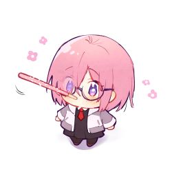 Rule 34 | 1girl, black-framed eyewear, black dress, blush, chibi, collared dress, commentary, dress, eyes visible through hair, fate/grand order, fate (series), food, glasses, grey jacket, hair over one eye, highres, jacket, kulissara-aung, mash kyrielight, mouth hold, multicolored clothes, multicolored jacket, necktie, open clothes, open jacket, pantyhose, pink hair, pocky, pocky day, purple eyes, red necktie, short hair, simple background, solo, symbol-only commentary, two-tone jacket, white background, white jacket