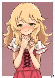Rule 34 | 1girl, blonde hair, blush, border, commentary request, dress, frilled sleeves, frills, green eyes, half-closed eyes, hands up, highres, idolmaster, idolmaster cinderella girls, kasago (wnfj2383), long hair, looking at viewer, nose blush, outside border, parted lips, purple background, red dress, sakurai momoka, short sleeves, solo, translation request, upper body, white border