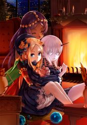 Rule 34 | 3girls, :d, ^ ^, abigail williams (fate), armchair, bad id, bad pixiv id, black bow, black dress, black hat, blonde hair, bloomers, blue eyes, bow, candle, chair, closed eyes, closed mouth, commentary request, dark-skinned female, dark skin, dress, fate/grand order, fate (series), fire, fireplace, hair bow, hat, highres, hopper, horns, hug, hug from behind, hugging object, indoors, lavinia whateley (fate), long hair, long sleeves, looking at viewer, multiple girls, night, night sky, open mouth, orange bow, pale skin, parted lips, pink eyes, polka dot, polka dot bow, purple hair, queen of sheba (fate), revision, silver hair, single horn, sitting, sky, sleeves past wrists, smile, star (sky), starry sky, stuffed animal, stuffed toy, teddy bear, underwear, vase, very long hair, white bloomers, wide-eyed, window