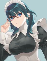 Rule 34 | 1girl, adjusting eyewear, alternate costume, black dress, blue background, blue eyes, blue hair, breasts, byleth (female) (fire emblem), byleth (fire emblem), closed mouth, commentary request, dress, enmaided, fingernails, fire emblem, fire emblem: three houses, glasses, hair between eyes, isa (peien516), large breasts, long hair, long sleeves, looking at viewer, maid, maid headdress, nintendo, official alternate costume, red-framed eyewear, simple background, smile, solo