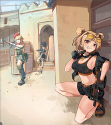 Rule 34 | 3girls, absurdres, ak-47, ak-47 (girls&#039; frontline), assault rifle, bare shoulders, belt, beret, black choker, black footwear, black shorts, blonde hair, breasts, brown belt, chadlink, character request, choker, cleavage, commentary request, commission, counter-strike (series), counter-strike 2, crop top, double bun, explosive, eyewear on head, fn p90, girls&#039; frontline, grenade, grenade pin, grenade pin in mouth, grin, gun, hair bun, hand grenade, hat, head tilt, highres, holding, holding gun, holding weapon, kalashnikov rifle, kneeling, large breasts, less-than-lethal weapon, looking at viewer, m84 stun grenade, mac-10/11, midriff, multiple girls, navel, outdoors, p90 (girls&#039; frontline), purple eyes, rifle, second-party source, shoes, short hair, short shorts, shorts, smile, sports bra, stomach, stun grenade, submachine gun, sunglasses, sunglasses on head, thighs, trigger discipline, weapon