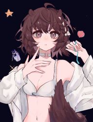 Rule 34 | 1girl, ahoge, animal ears, arknights, bare shoulders, bikini, black background, brown eyes, brown hair, choker, highres, jacket, long sleeves, looking at viewer, navel, off shoulder, official alternate costume, open clothes, open jacket, parted lips, roberta (arknights), roberta (summer flowers) (arknights), ruanpaiqijin, short hair, simple background, solo, stomach, swimsuit, tail, upper body, white bikini, white choker, white jacket